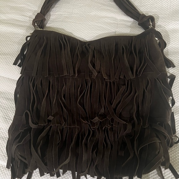 🩷Fringe Brown leather shoulder hobo style bag💚 with a suede tassel charm - Picture 1 of 16